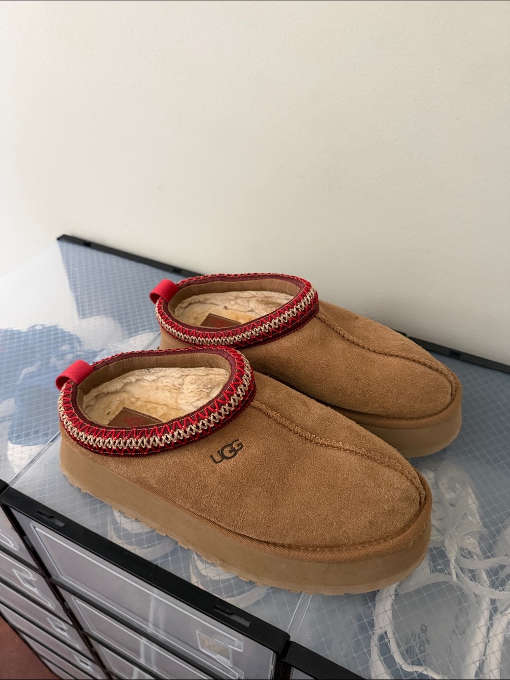 UGG Chestnut Suede Slip-On Clog with Red Trim